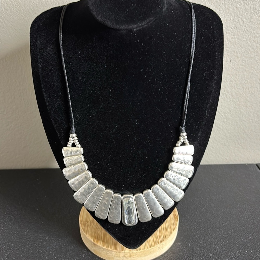 Bella Uno Hammered Silver Tone Pendant Statement Corded Necklace Rhinestone